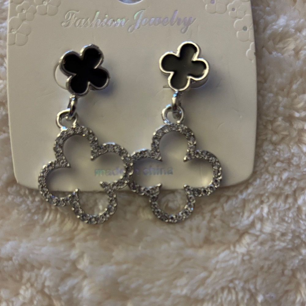 Silver-Tone Black Clover Drop Earrings with Crystal Accents - Fashion Jewelry